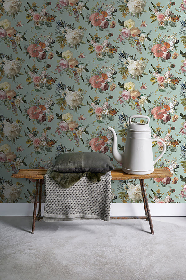 Antonia Aqua Vintage Bouquet Wallpaper - Brewster Wallcovering