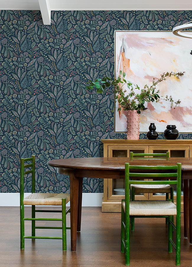 Briar Teal Floral Wallpaper - Brewster Wallcovering