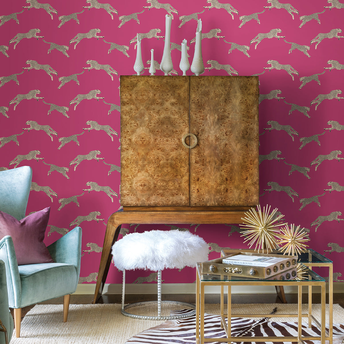 Bubblegum Leaping Cheetah Peel and Stick Wallpaper - Brewster Wallcovering