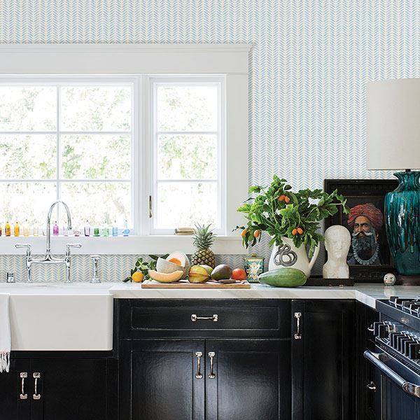 Espalier Sky Blue Chevron Stripe Wallpaper - Brewster Wallcovering