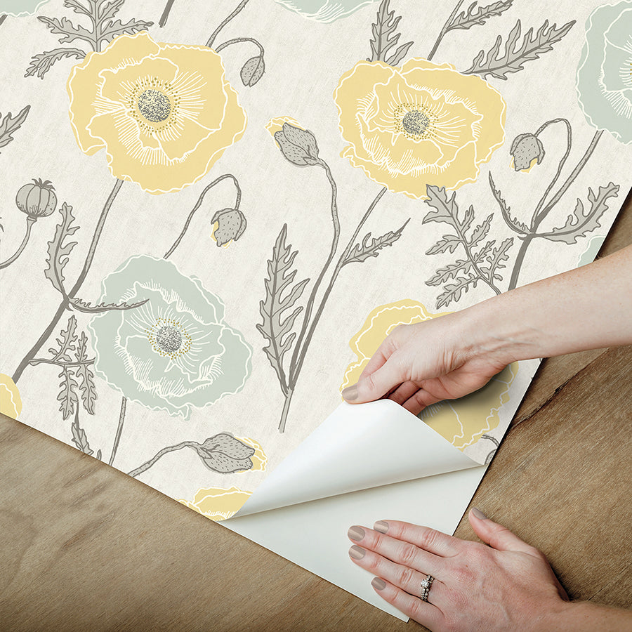 Aqua Poppy Field Peel and Stick Wallpaper - Brewster Wallcovering