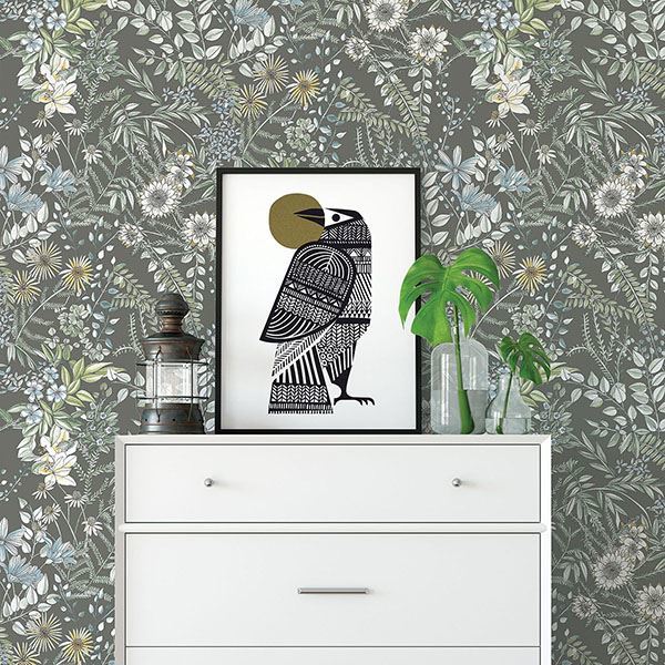 Full Bloom Taupe Floral Wallpaper - Brewster Wallcovering