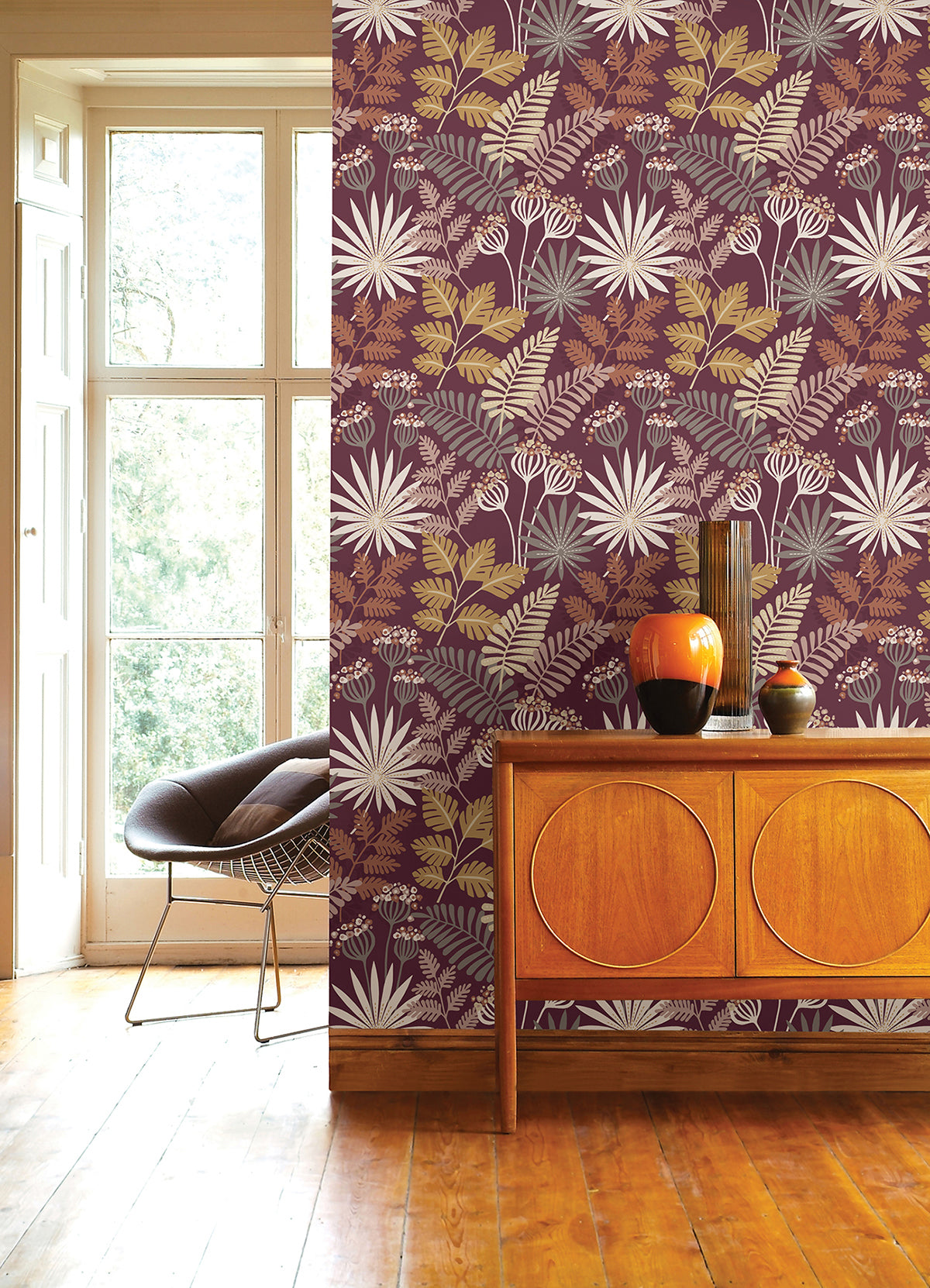 Praslin Merlot Botanical Wallpaper - Brewster Wallcovering