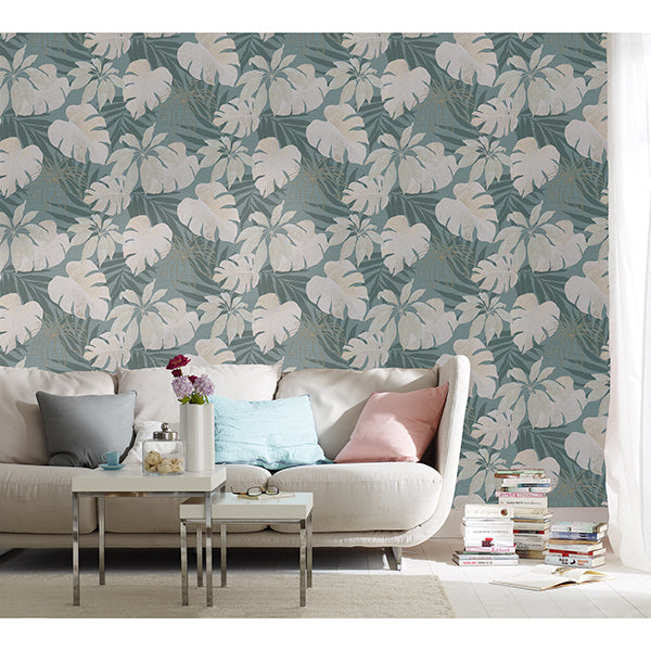 Nona Grey Tropical Leaves Wallpaper - Brewster Wallcovering