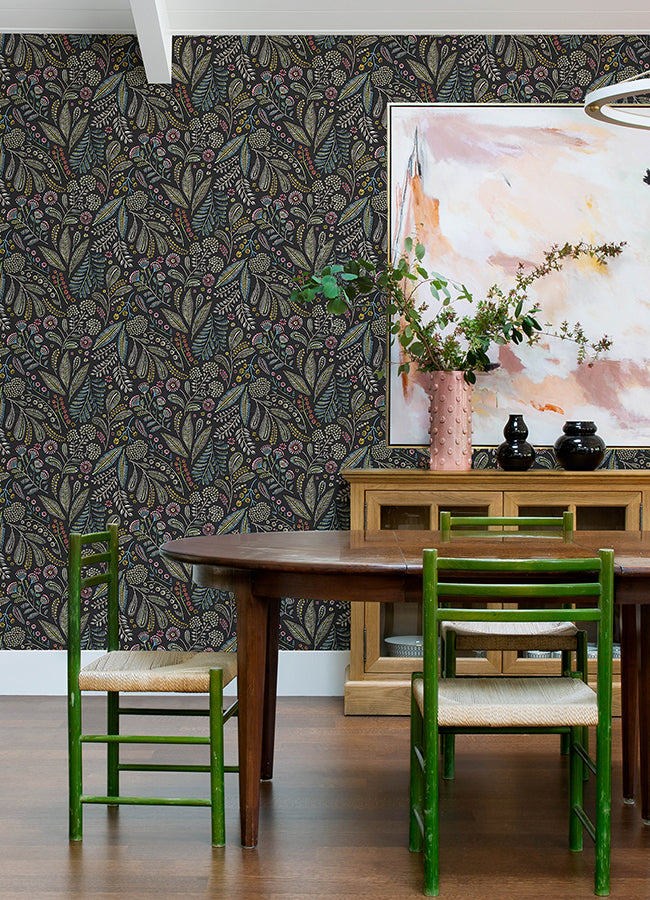 Briar Charcoal Floral Wallpaper - Brewster Wallcovering