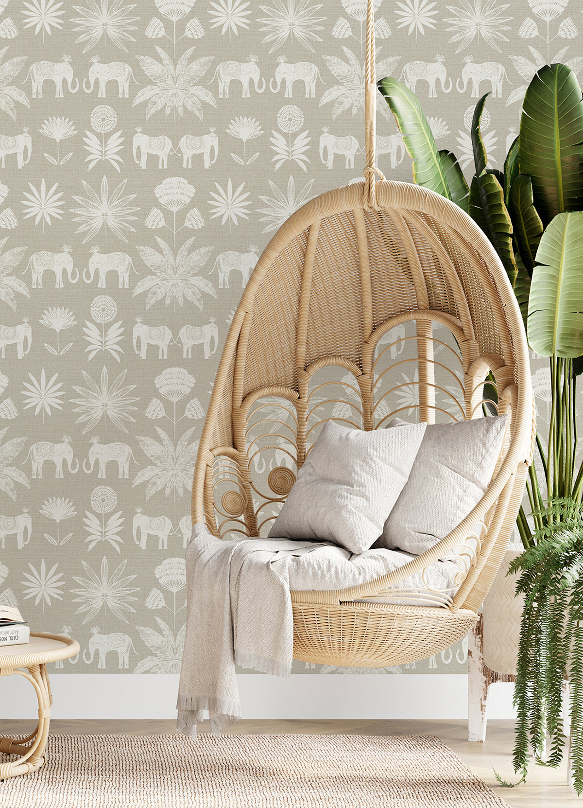 Bazaar Light Grey Elephant Oasis Wallpaper - Brewster Wallcovering