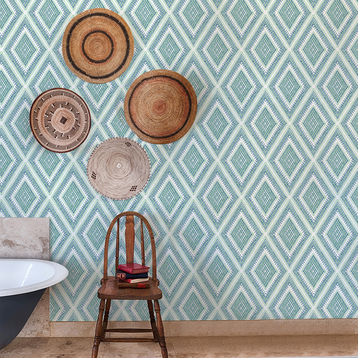 Zaya Green Tribal Diamonds Wallpaper - Brewster Wallcovering