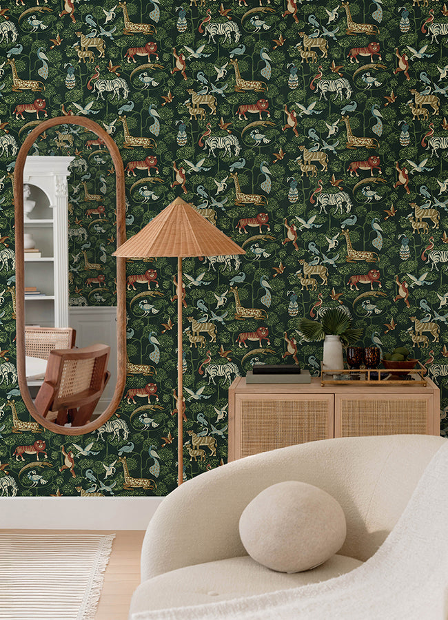 Rigby Green Jungle Animals Wallpaper - Brewster Wallcovering