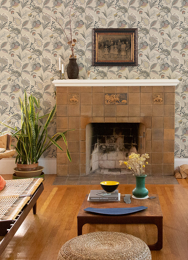 Bohemian Grey Jacobean Wallpaper - Brewster Wallcovering