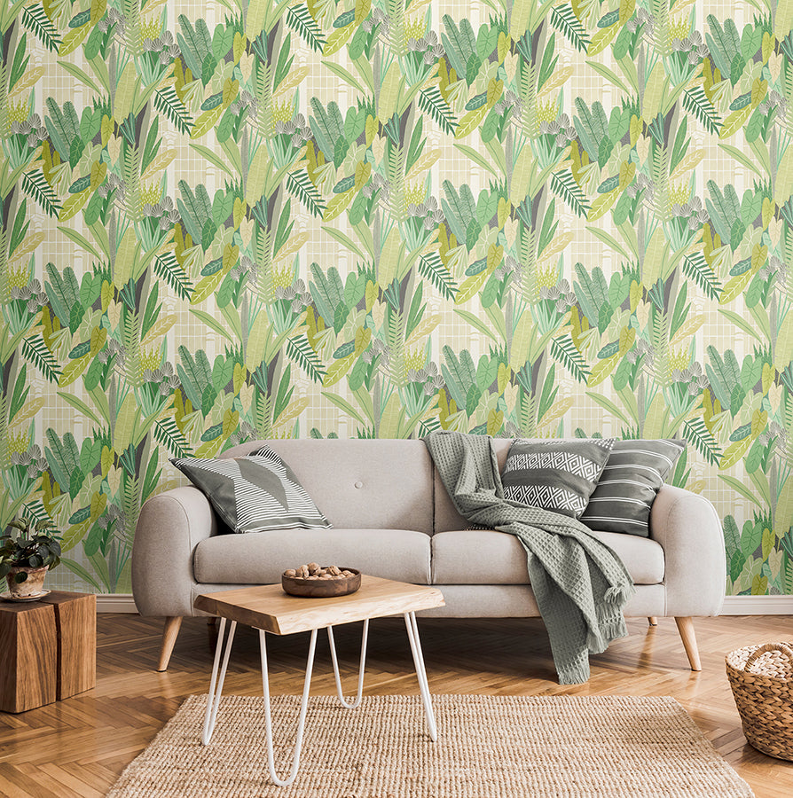 Glasshouse Green Tropical Damask Wallpaper - Brewster Wallcovering