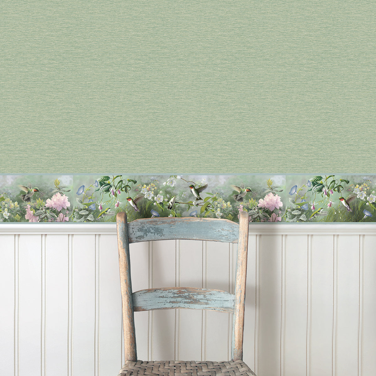 Ruby Light Blue Hummingbird Garden Border - Brewster Wallcovering