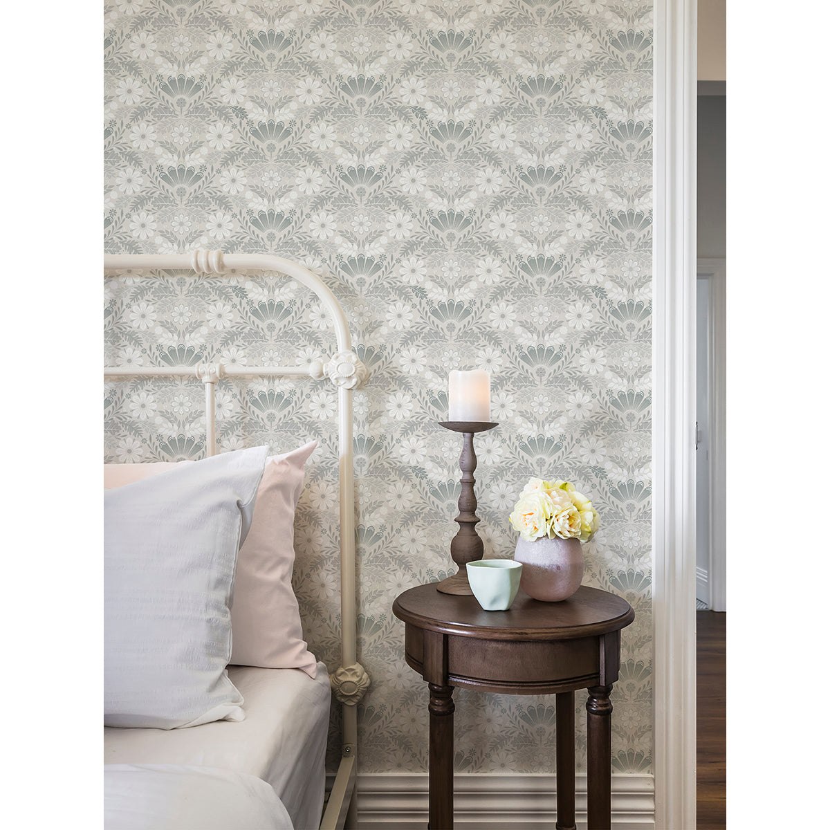 Klockrike Light Grey Botanical Damask Wallpaper - Brewster Wallcovering