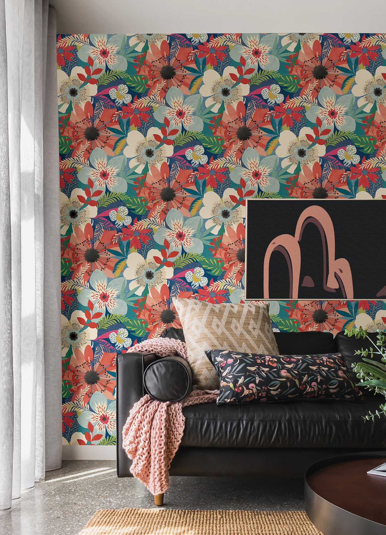 Janis Indigo Floral Riot Wallpaper - Brewster Wallcovering