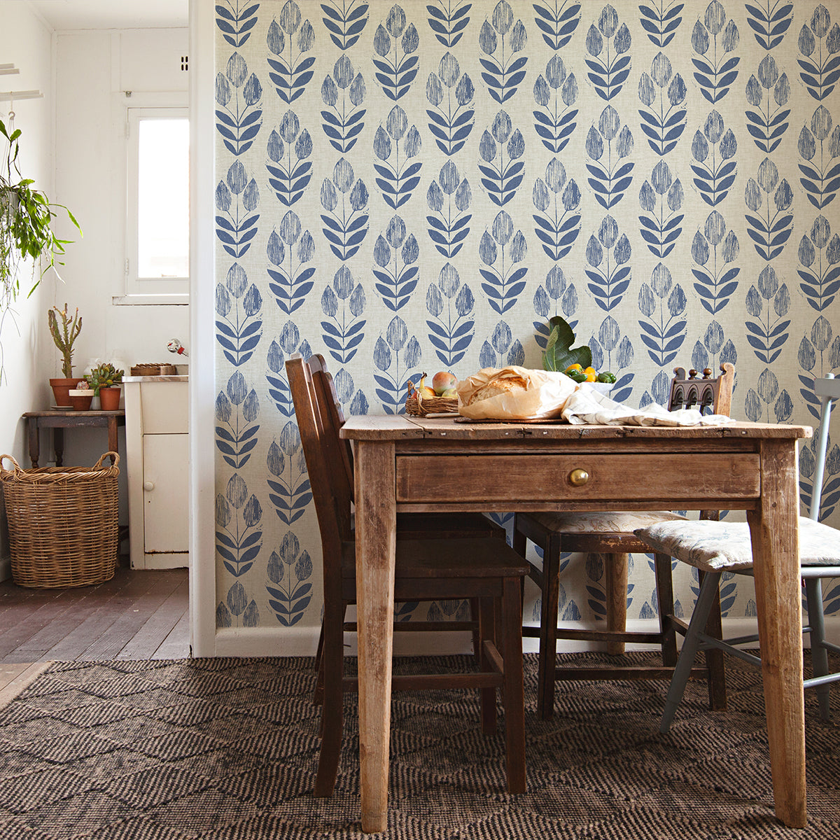 Blue Folk Tulip Peel and Stick Wallpaper - Brewster Wallcovering