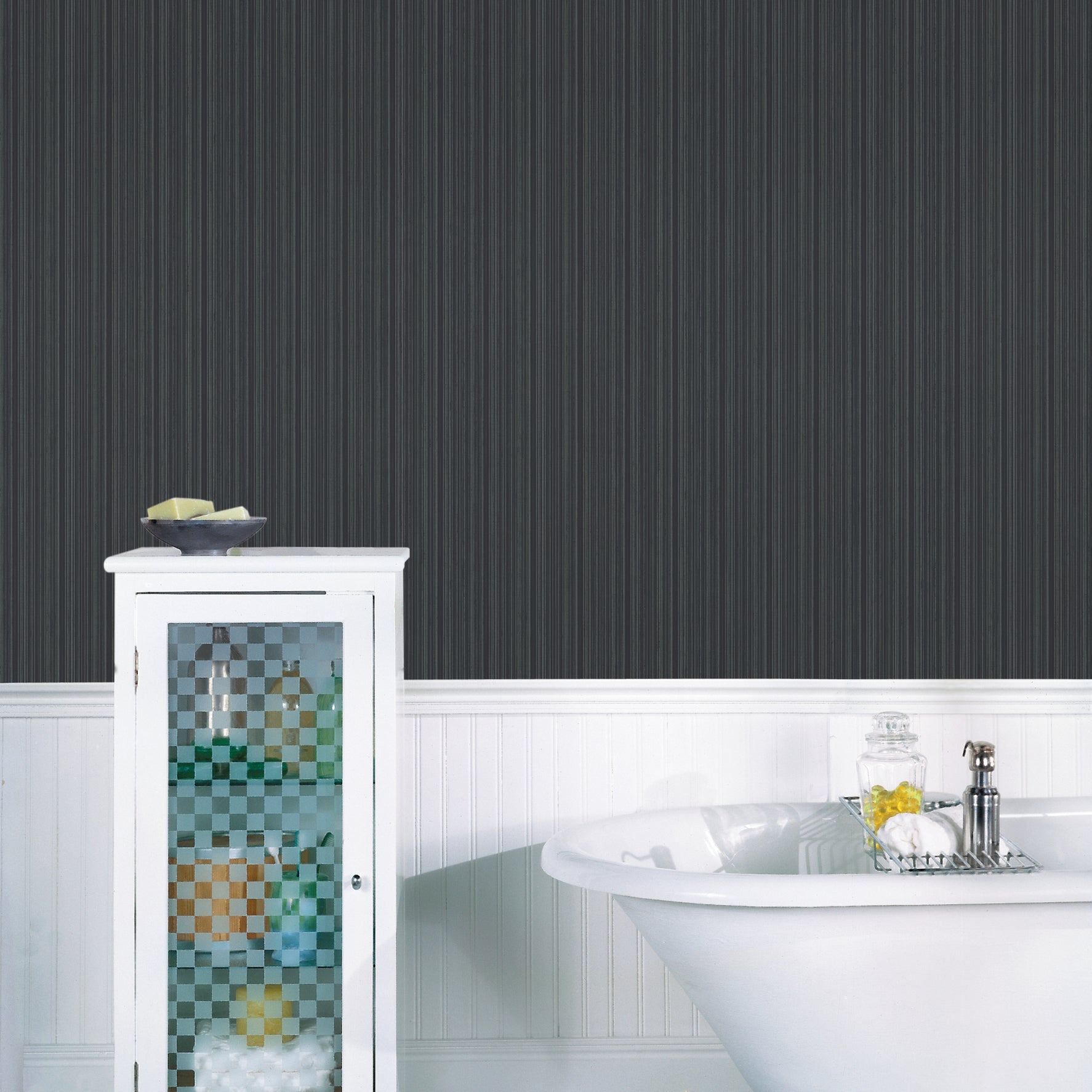 Sebasco Black Vertical Pinstripe Wallpaper - Brewster Wallcovering