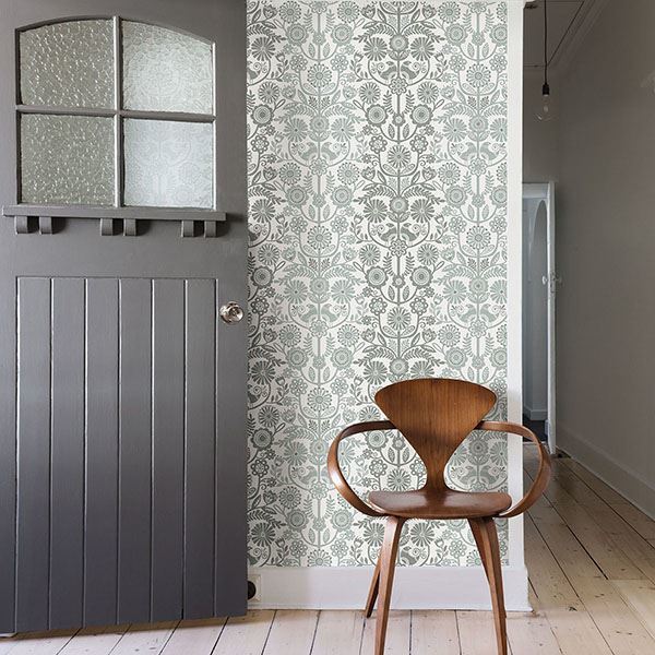 Lovebirds Slate Folk Stripe Wallpaper - Brewster Wallcovering