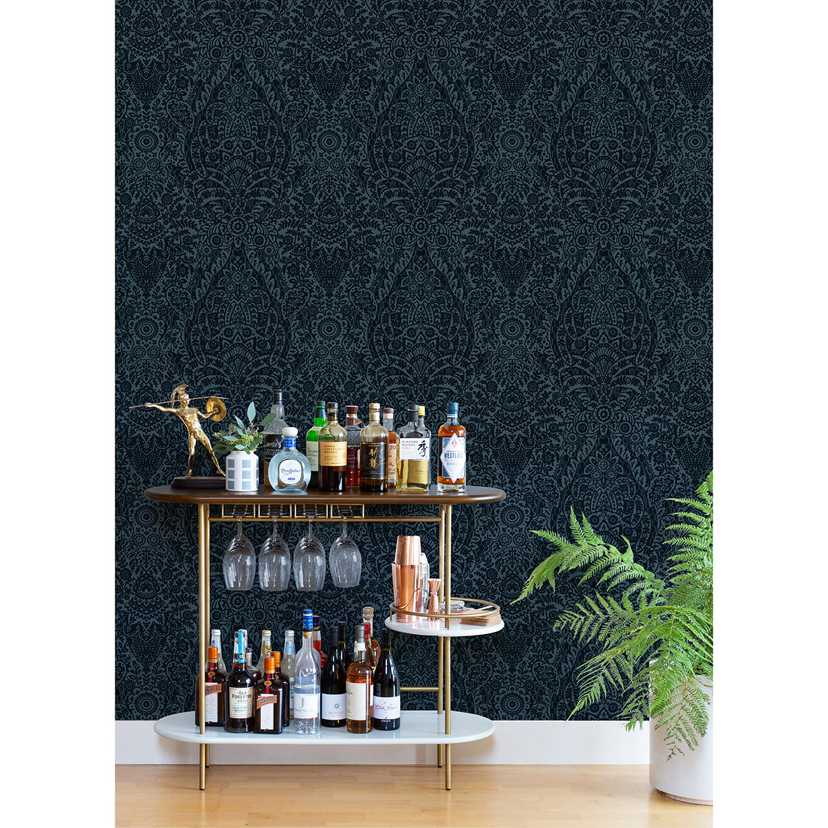 Maris Indigo Flock Damask Wallpaper - Brewster Wallcovering