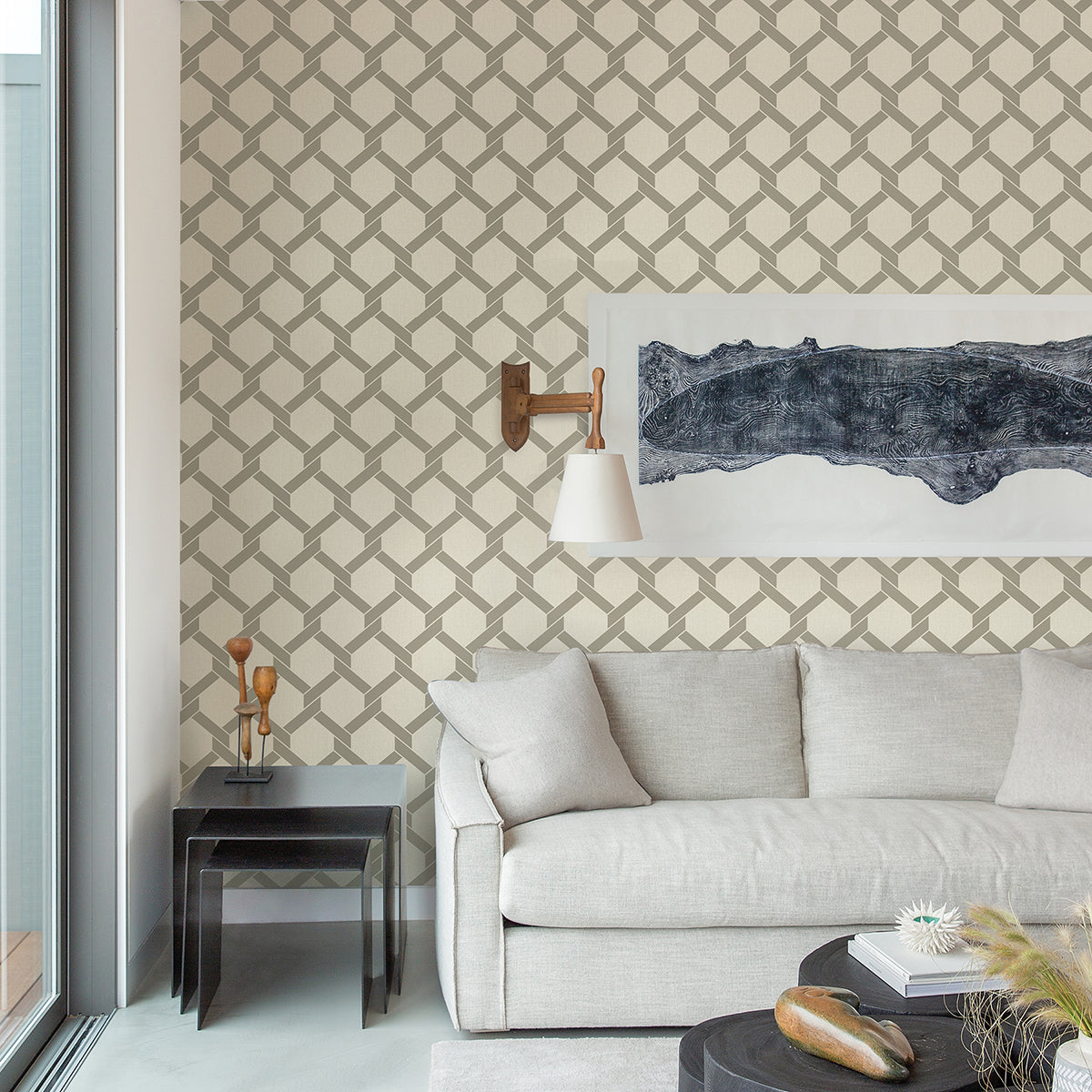 Payton Grey Hexagon Trellis Wallpaper - Brewster Wallcovering