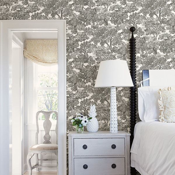 Spinney Black Toile Wallpaper - Brewster Wallcovering