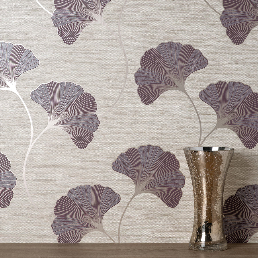 Miya Plum Ginkgo Wallpaper - Brewster Wallcovering