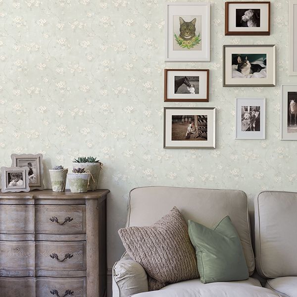 Braham Teal Floral Trail Wallpaper - Brewster Wallcovering