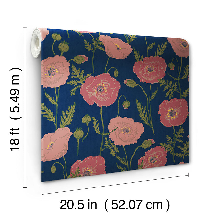 Navy Pink Poppy Field Peel and Stick Wallpaper - Brewster Wallcovering