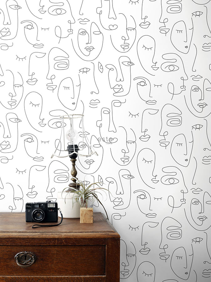 Sharona White Line Art Faces Wallpaper - Brewster Wallcovering