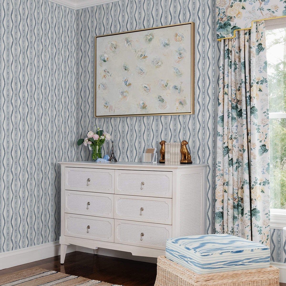 Rhys Blue IKAT Stripe Wallpaper By Erin Gates - Brewster Wallcovering