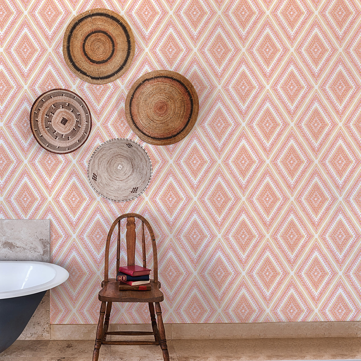 Zaya Orange Tribal Diamonds Wallpaper - Brewster Wallcovering