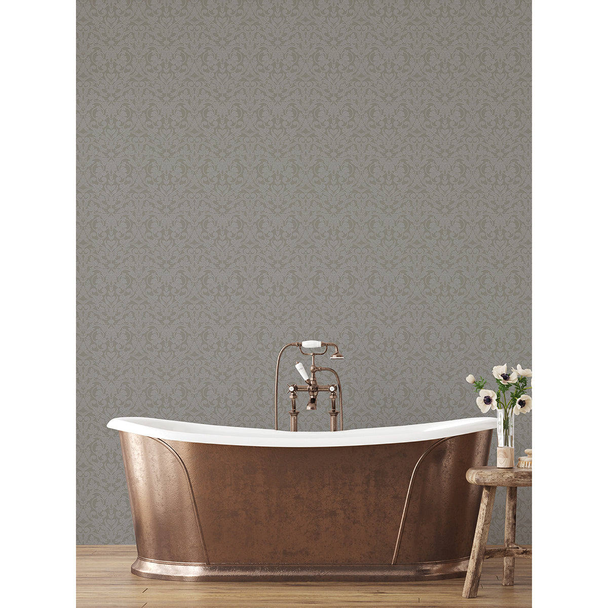 Rosali Grey Scroll Damask Wallpaper - Brewster Wallcovering