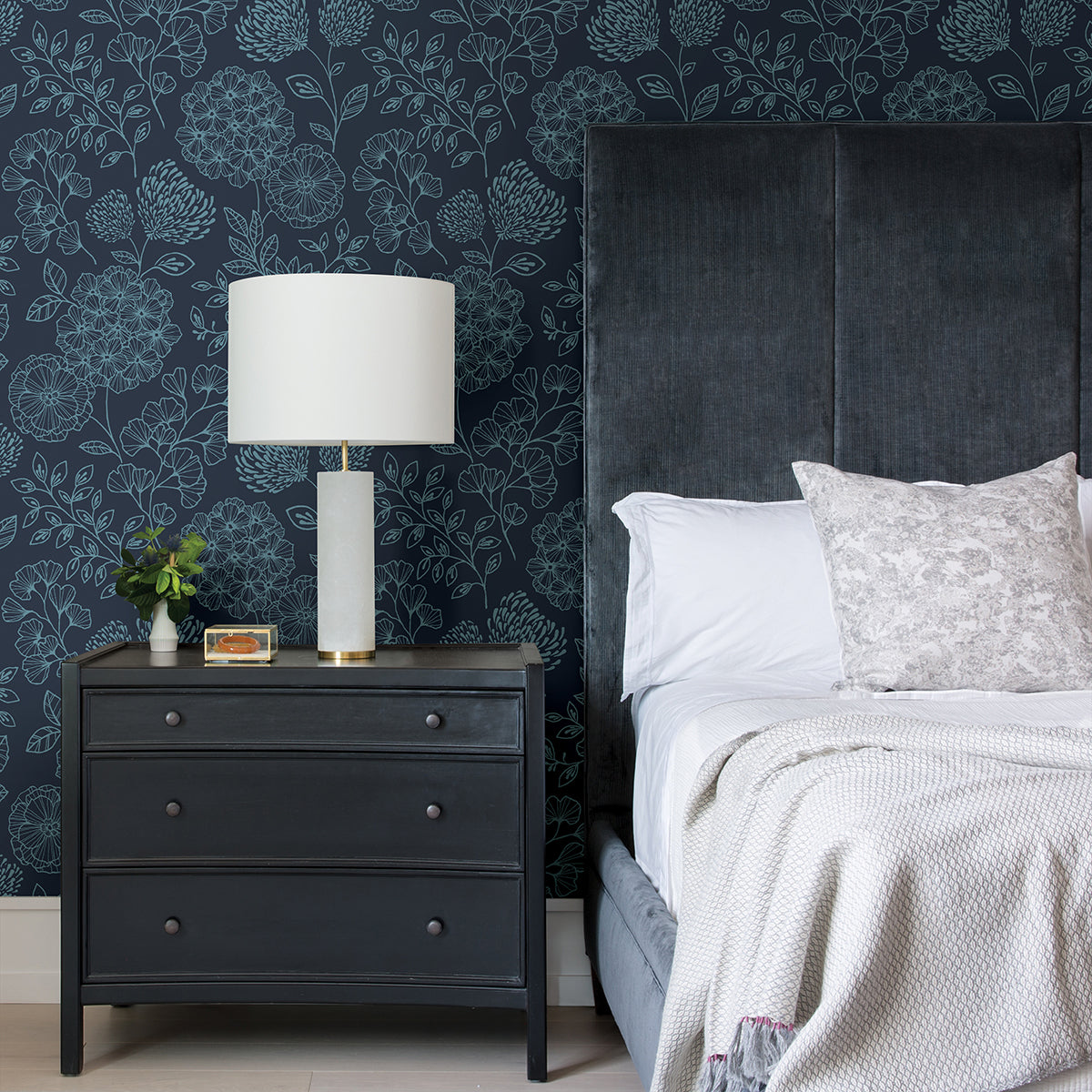 Ada Indigo Floral Wallpaper - Brewster Wallcovering