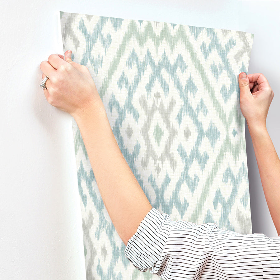 Solola Aqua Ikat Wallpaper - Brewster Wallcovering