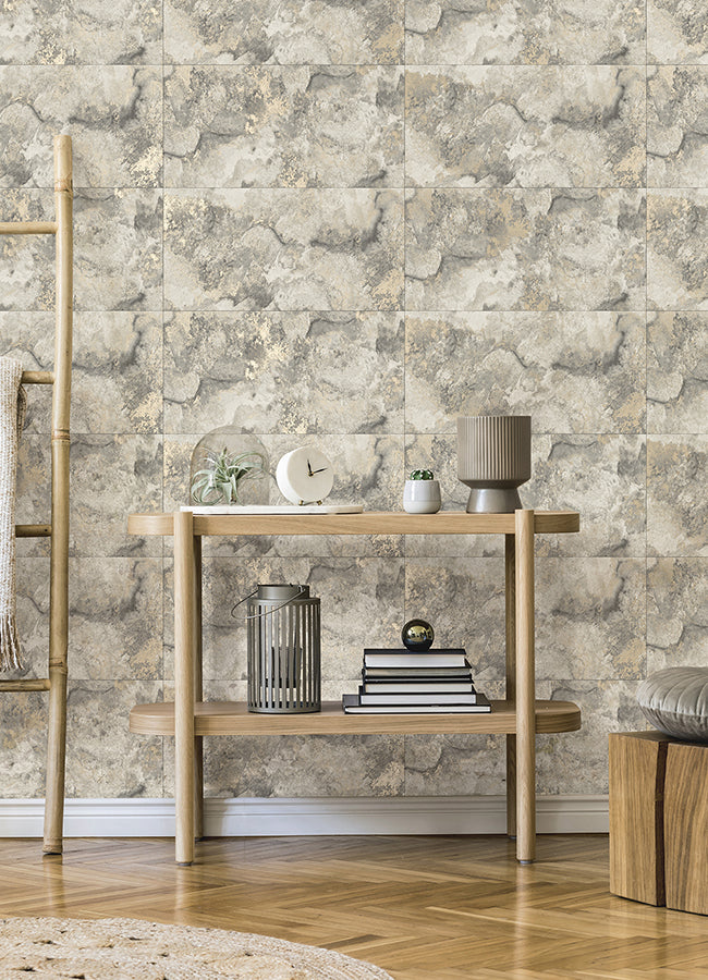 Aria Light Grey Marbled Tile Wallpaper - Brewster Wallcovering