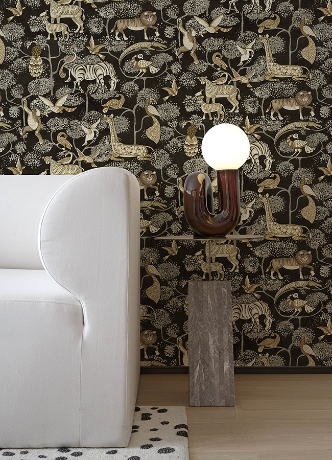 Rigby Black Jungle Animals Wallpaper - Brewster Wallcovering