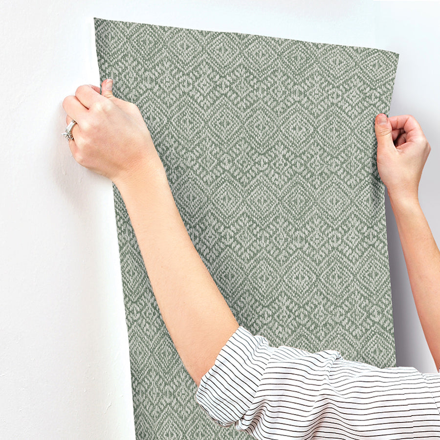 Gallivant Green Woven Geometric Wallpaper - Brewster Wallcovering