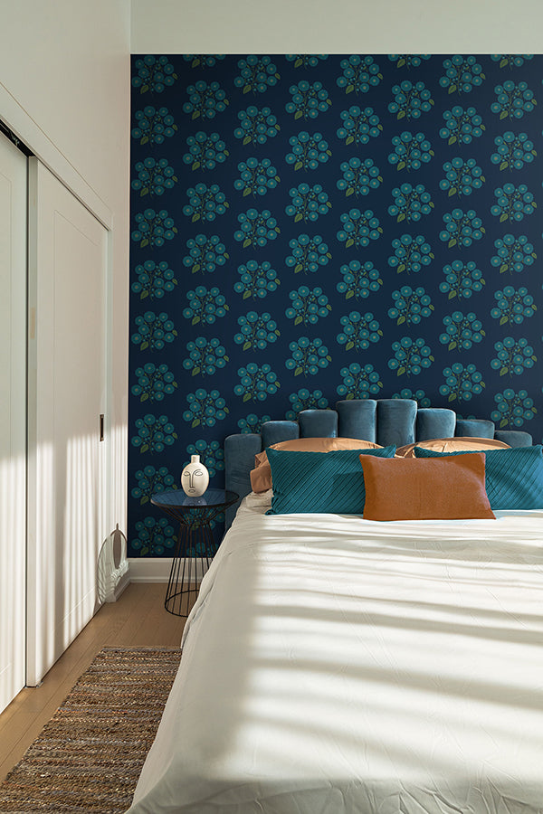 Navy Aqua StrawFlower Peel and Stick Wallpaper - Brewster Wallcovering