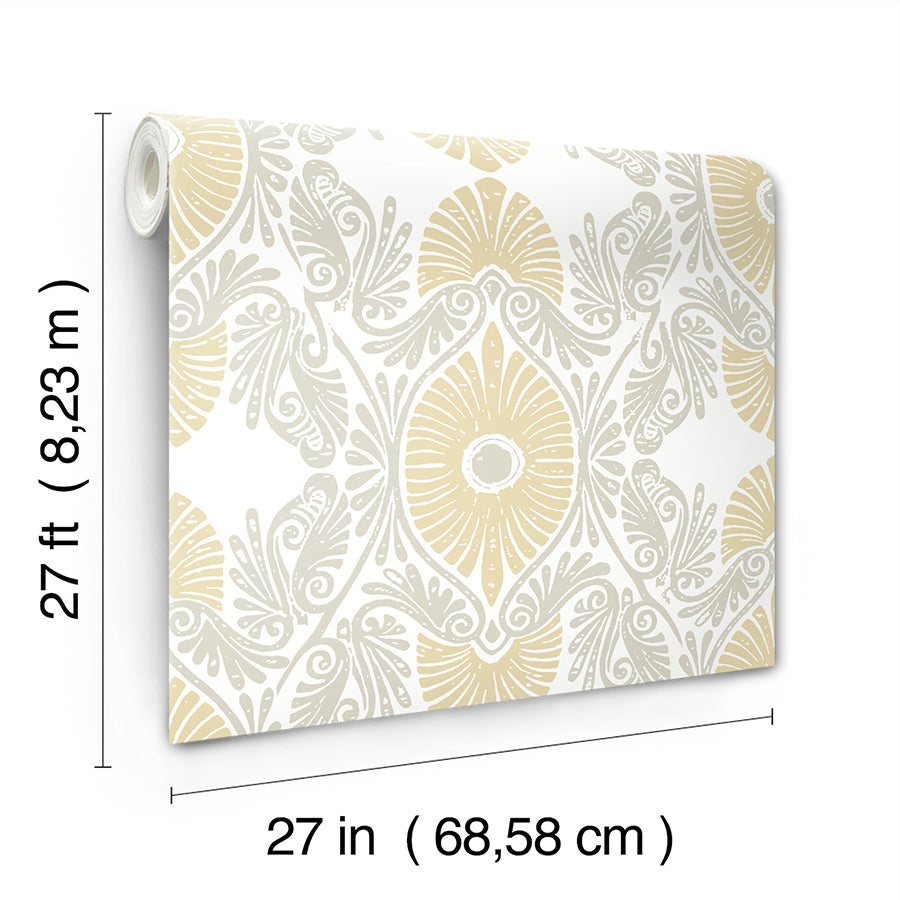 Villa Light Yellow Embellished Ogee Wallpaper - Brewster Wallcovering