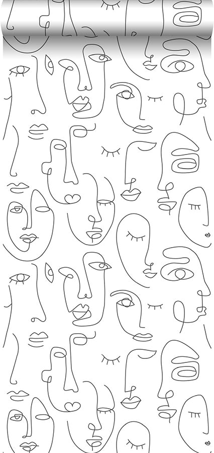 Sharona White Line Art Faces Wallpaper - Brewster Wallcovering