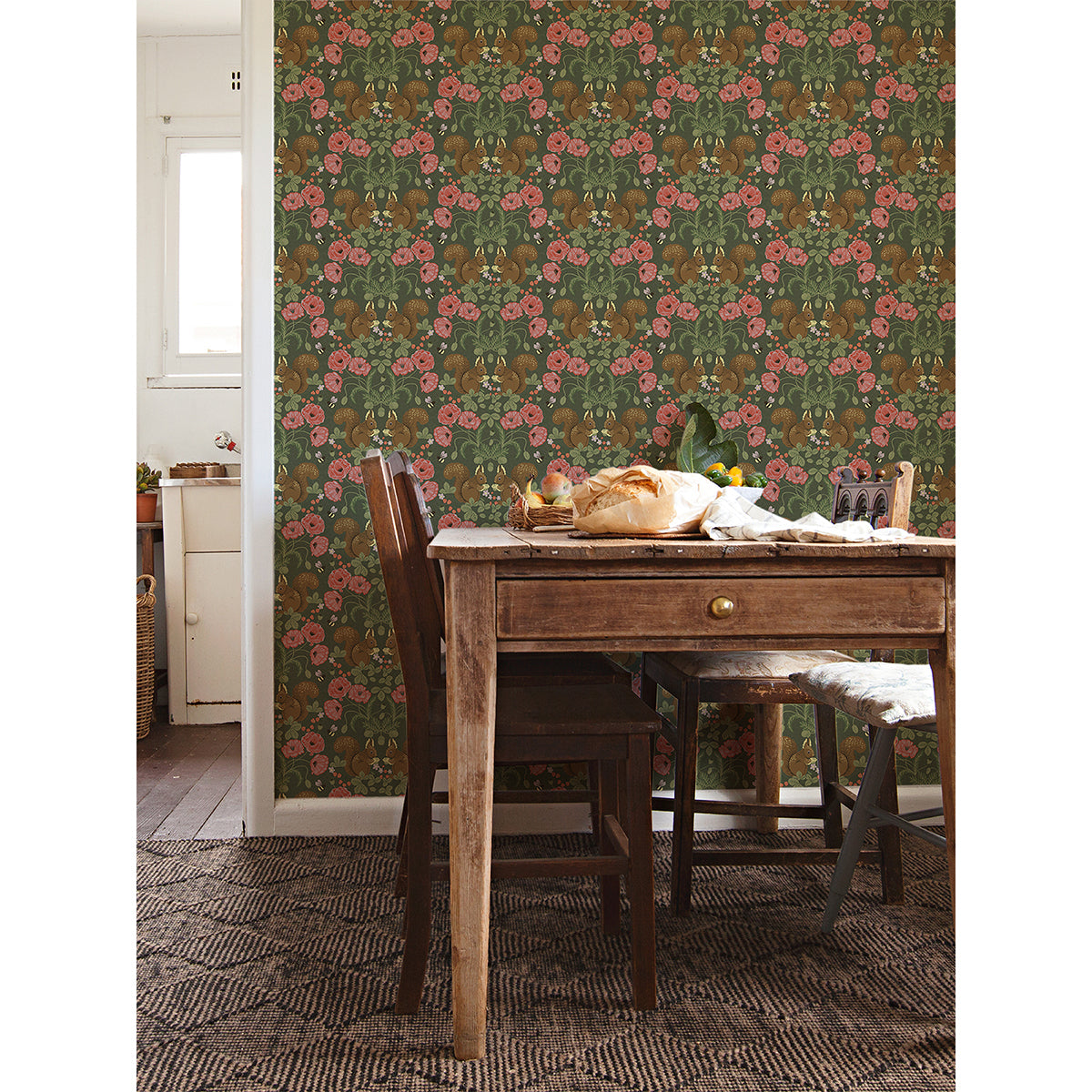 Kurre Dark Green Woodland Damask Wallpaper - Brewster Wallcovering