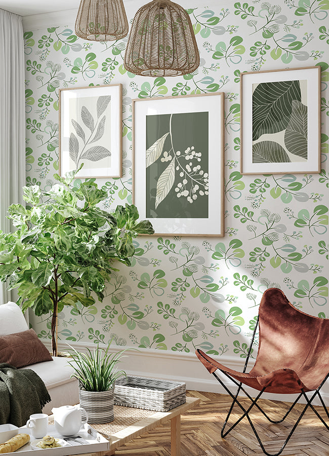 Jonah Light Green Leaf Trail Wallpaper - Brewster Wallcovering