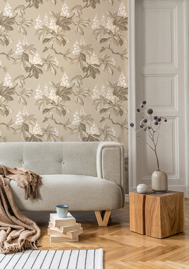 Chestnut Beige Floral Wallpaper - Brewster Wallcovering