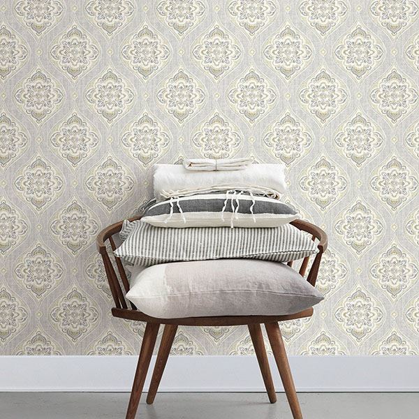 Adele Light Grey Damask Wallpaper - Brewster Wallcovering