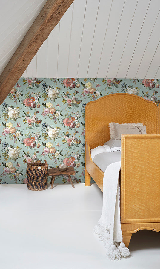 Antonia Aqua Vintage Bouquet Wallpaper - Brewster Wallcovering