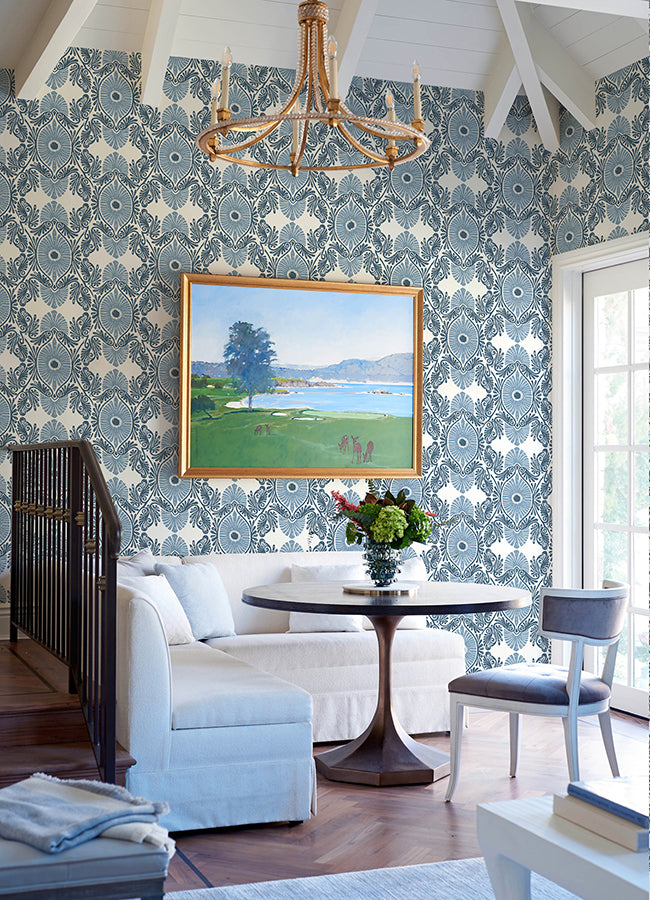 Villa Blue Embellished Ogee Wallpaper - Brewster Wallcovering