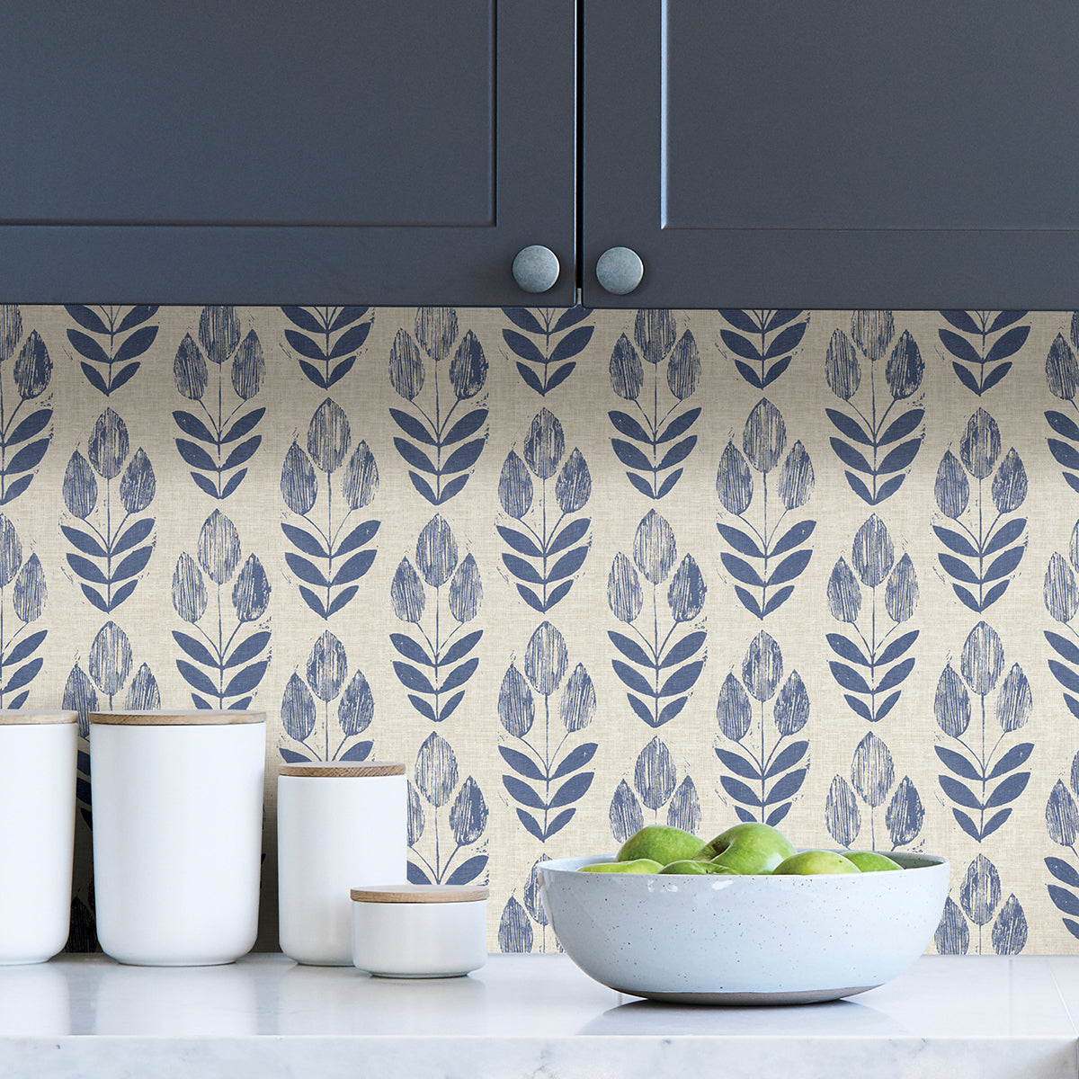 Blue Folk Tulip Peel and Stick Wallpaper - Brewster Wallcovering