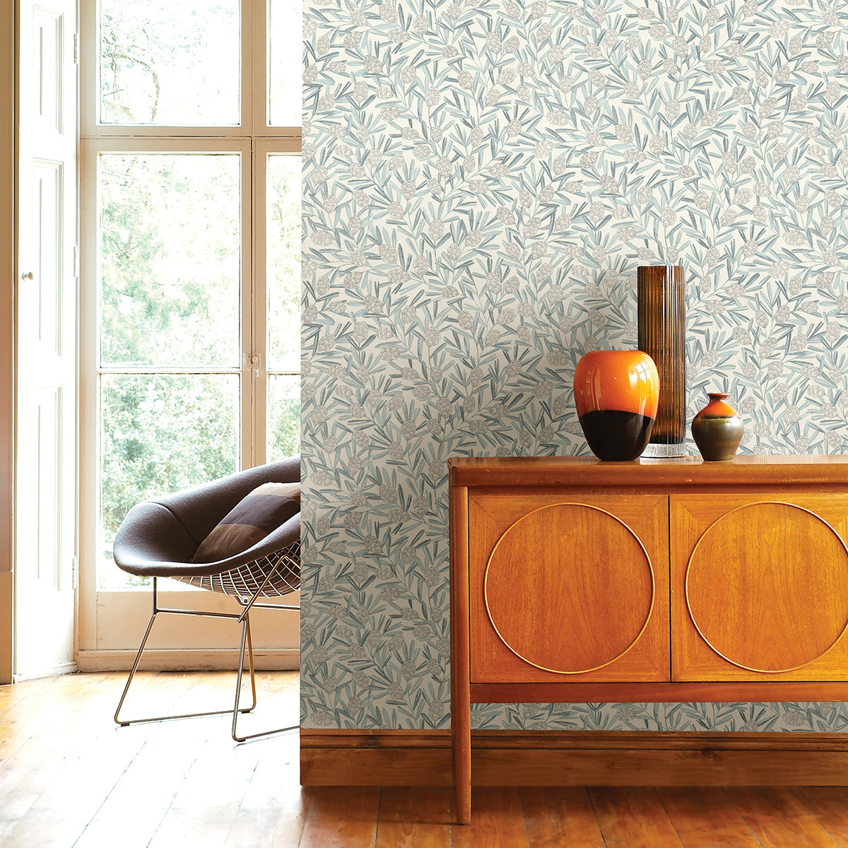 Zulma Blue Decorative Botanical Wallpaper - Brewster Wallcovering