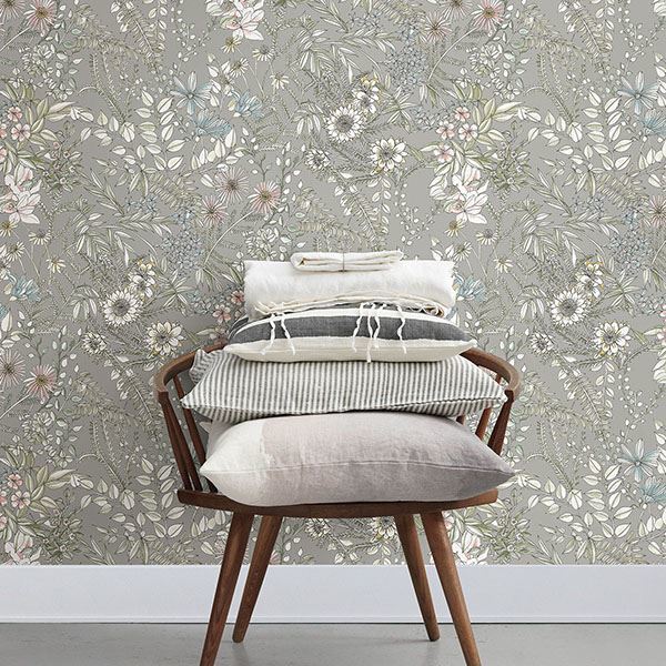 Full Bloom Beige Floral Wallpaper - Brewster Wallcovering