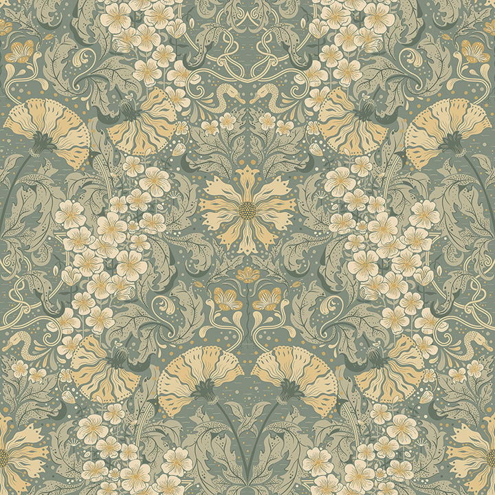 Picture of Ojvind Sea Green Floral Ogee Wallpaper