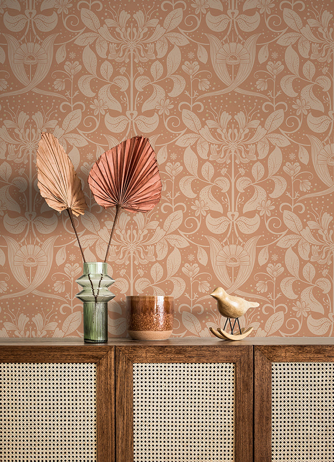 Berit Coral Floral Crest Wallpaper - Brewster Wallcovering