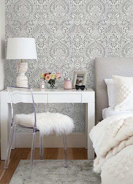 Artemis Platinum Damask Wallpaper - Brewster Wallcovering